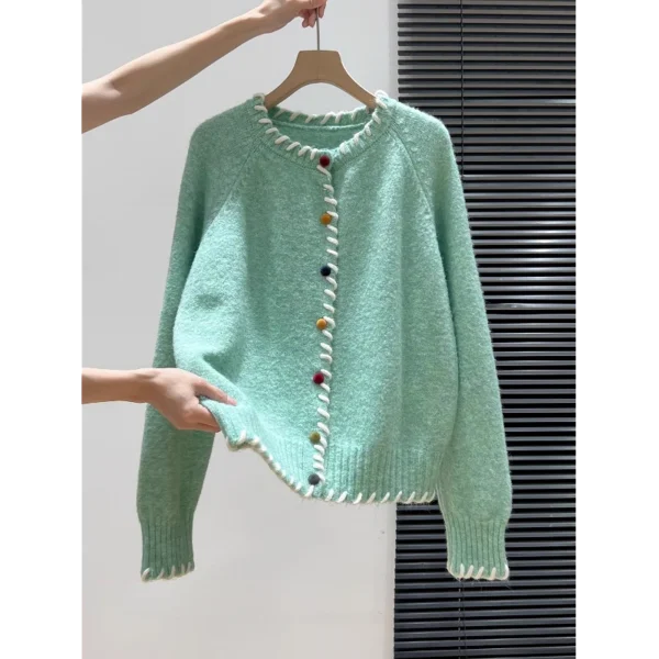 Áo Cardigan Len Viền Trắng Khuy Màu – Xanh Mint