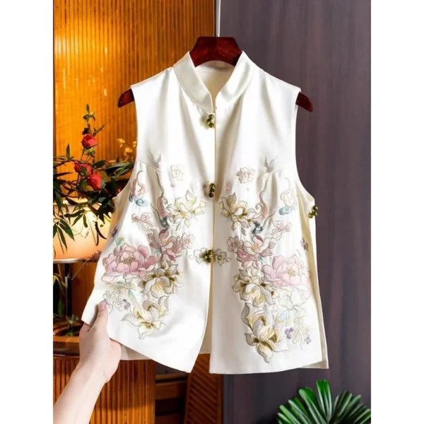 Áo Kiểu Ghi Lê Buộc Dây Thêu Hoa Văn Retro