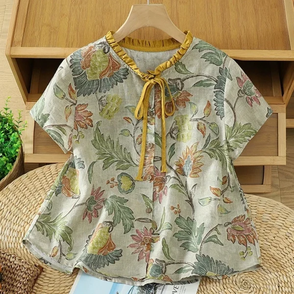 Áo Kiểu Phối Viền Cổ Nhún Họa Tiết Cổ Điển