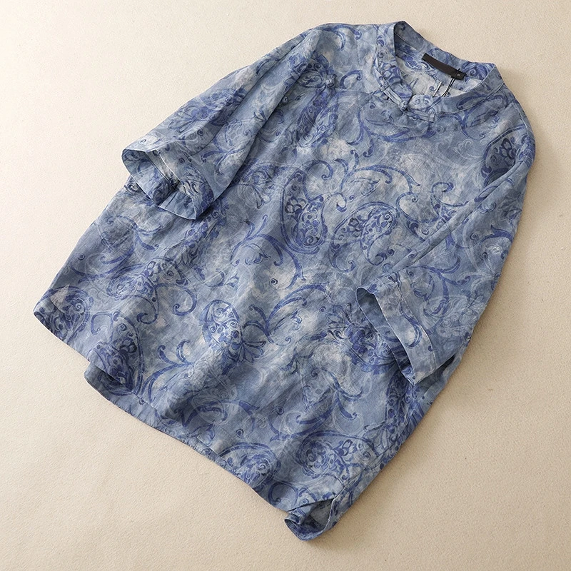 Áo Linen Họa Tiết Cổ Điển Xanh Lam Áo Linen Họa Tiết Cổ Điển Xanh Lam