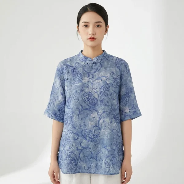 Áo Linen Họa Tiết Cổ Điển Xanh Lam