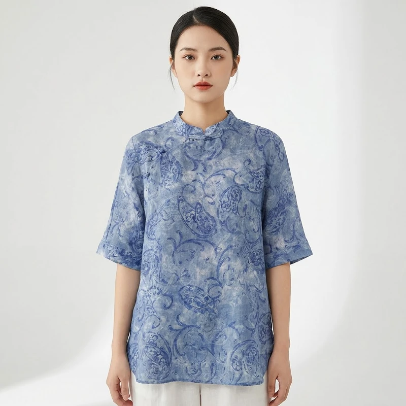 Áo Linen Họa Tiết Cổ Điển Xanh Lam Áo Linen Họa Tiết Cổ Điển Xanh Lam