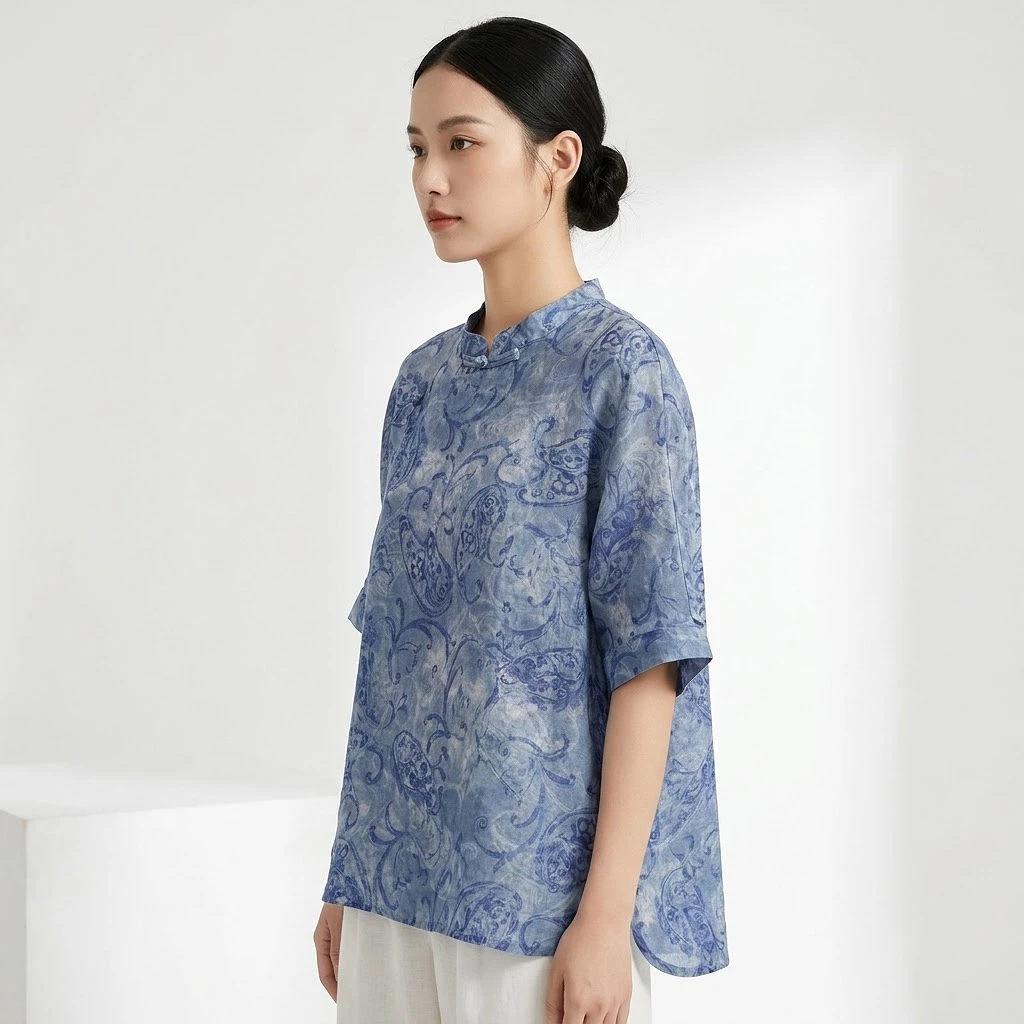 Áo Linen Họa Tiết Cổ Điển Xanh Lam Áo Linen Họa Tiết Cổ Điển Xanh Lam