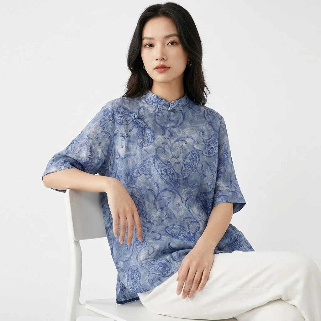 Áo Linen Họa Tiết Cổ Điển Xanh Lam Áo Linen Họa Tiết Cổ Điển Xanh Lam