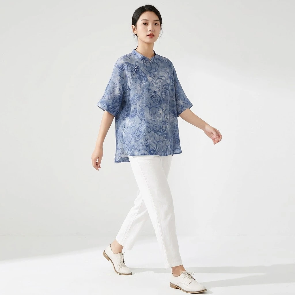 Áo Linen Họa Tiết Cổ Điển Xanh Lam Áo Linen Họa Tiết Cổ Điển Xanh Lam