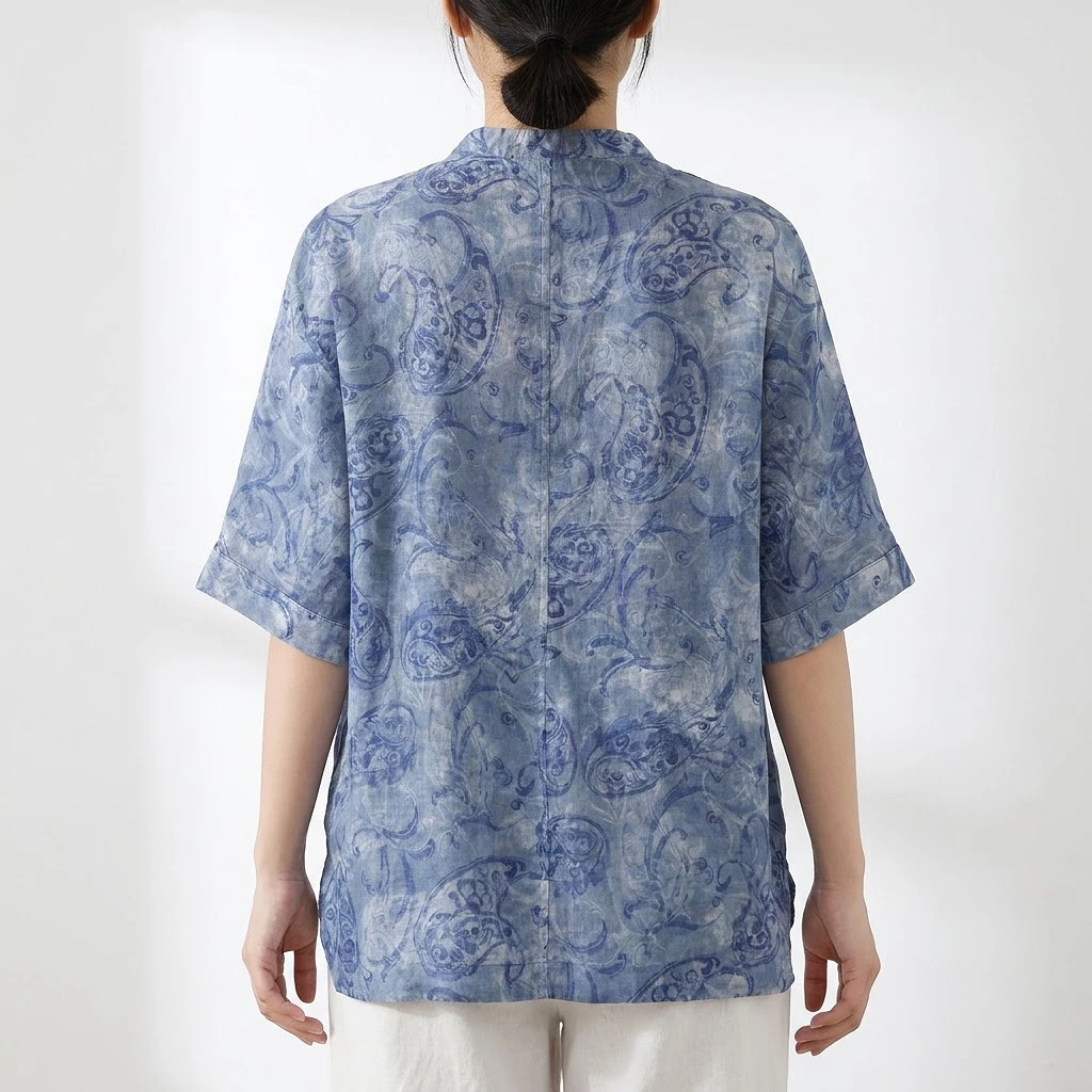 Áo Linen Họa Tiết Cổ Điển Xanh Lam Áo Linen Họa Tiết Cổ Điển Xanh Lam