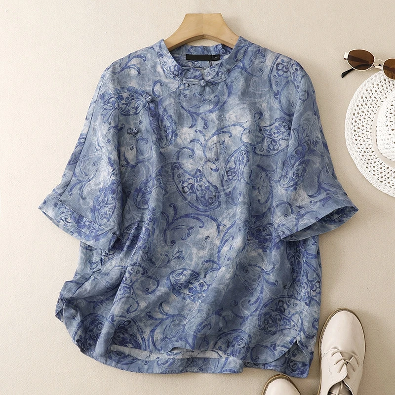 Áo Linen Họa Tiết Cổ Điển Xanh Lam Áo Linen Họa Tiết Cổ Điển Xanh Lam