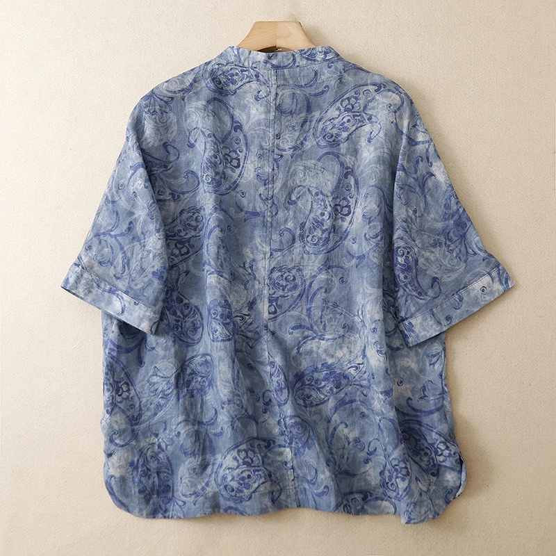 Áo Linen Họa Tiết Cổ Điển Xanh Lam Áo Linen Họa Tiết Cổ Điển Xanh Lam