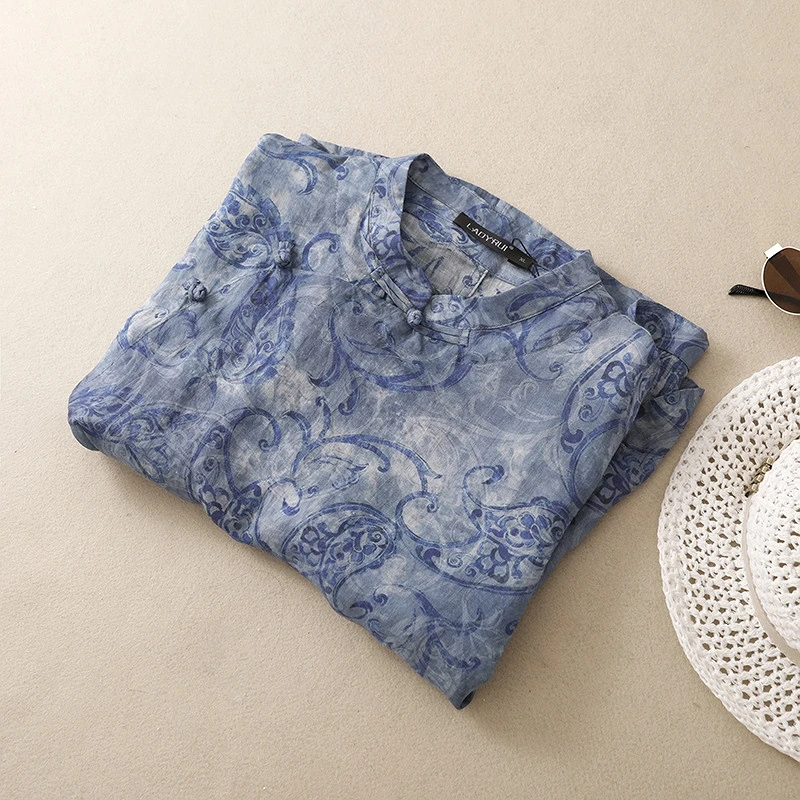 Áo Linen Họa Tiết Cổ Điển Xanh Lam Áo Linen Họa Tiết Cổ Điển Xanh Lam