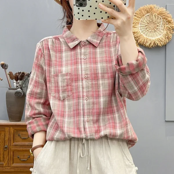 Áo Sơ Mi Caro Hồng Pastel Cổ Bẻ