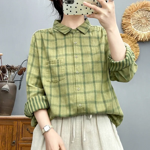 Áo Sơ Mi Caro Xanh Rêu Cổ Bẻ Tay Dài