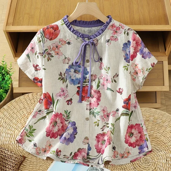 Áo Sơ Mi Cổ Thắt Nơ Họa Tiết Hoa Hồng