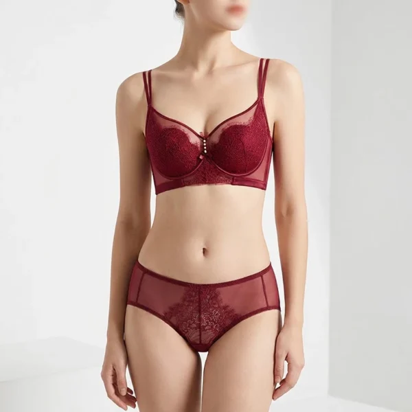 Bộ Đồ Lót Nữ Ren Đỏ Mận 2 Dây Phối Lưới