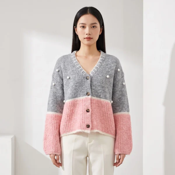 Cardigan Len Phối Màu Xám Hồng Cổ V