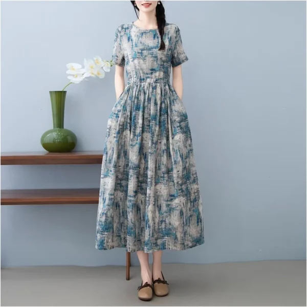 Đầm Dài Nữ Lam Mộc Vintage Linen Dáng Xòe