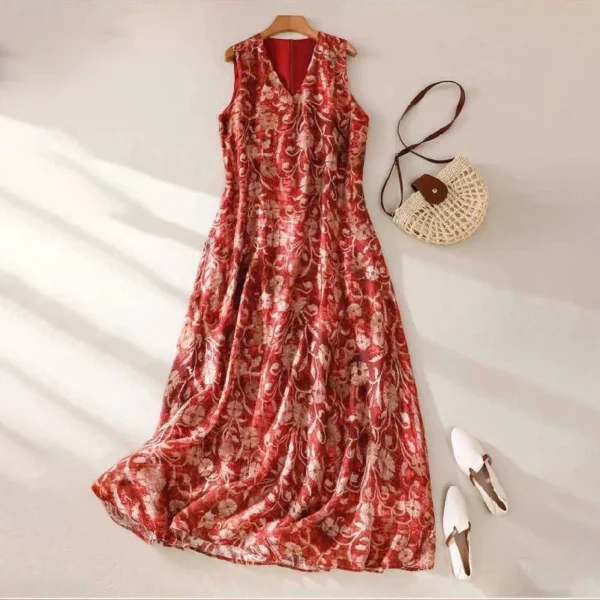 Đầm Maxi Hoa Lá Cổ Điển Dáng Xòe – Đỏ Gạch