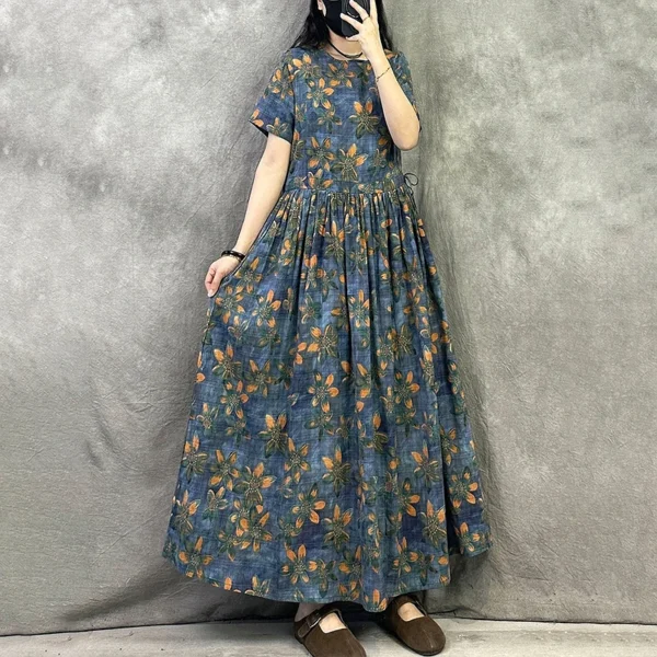 Đầm Midi Nữ Hoa Vintage Xanh Than Dáng Xòe
