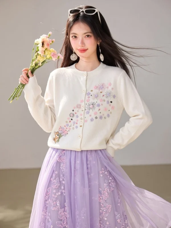 Áo Khoác Len Cashmere Cổ Tròn Họa Tiết Thêu Hoa & Cún