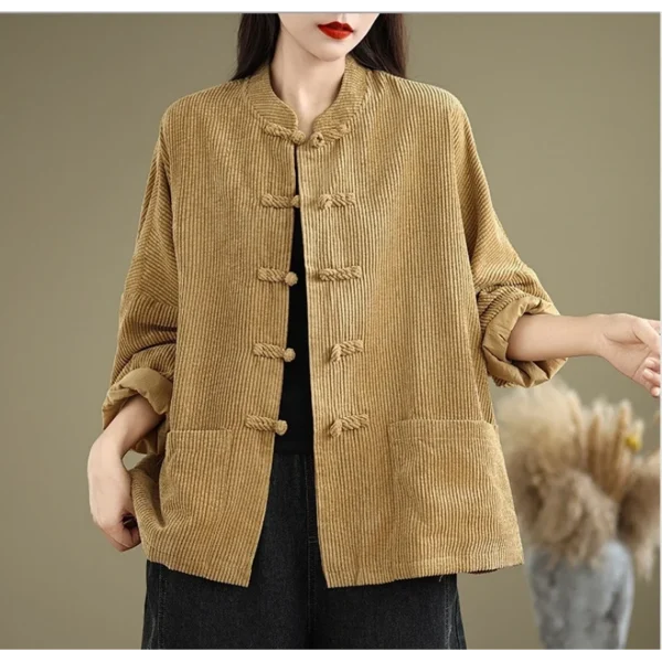 Áo Nhung Gân Tăm Cổ Trụ Nút Tàu – Vàng Nghệ