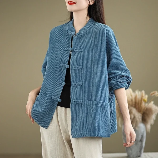 Áo Nhung Gân Tăm Cổ Trụ Nút Tàu – Xanh Dương