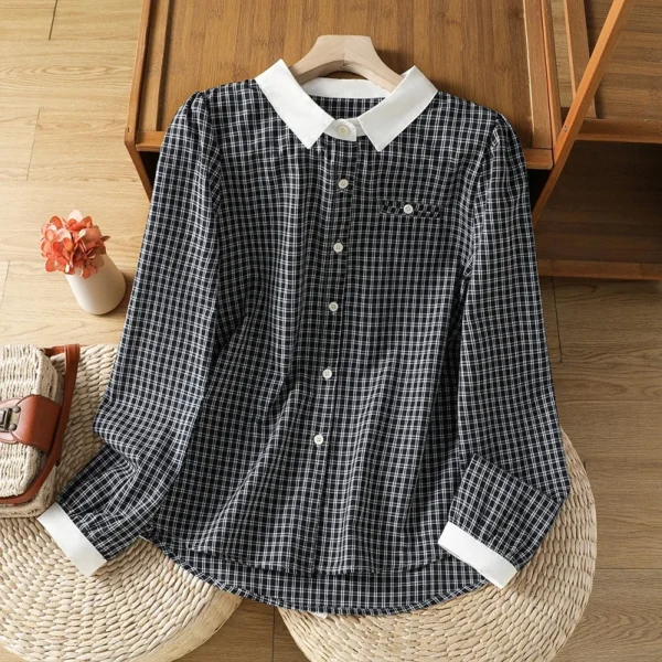 Áo Sơ Mi Caro Vintage Cổ Bẻ Trắng Sáng