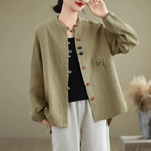 Áo Sơ Mi Kiểu Dài Tay Cổ Trụ Nút Tàu Xanh Rêu