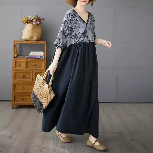 Đầm Dài Cổ Đắp Chéo Phối Họa Tiết Thủy Mặc Xám Đen