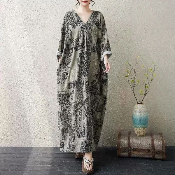 Đầm Dài Oversize Họa Tiết Paisley & Viền Dọc Xám Be