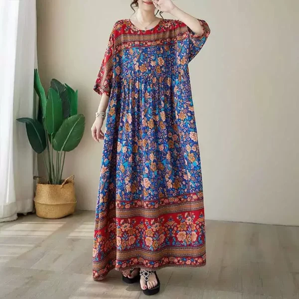 Đầm Dài Oversize Phân Tầng Họa Tiết Thổ Cẩm Xanh Đỏ