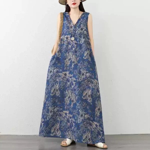 Đầm Dài Sát Nách Cổ V Họa Tiết Hoa Xanh Dương