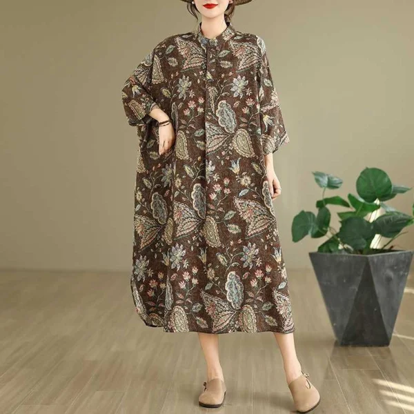 Đầm Dài Suông Rộng Họa Tiết Hoa Cúc – Nâu Trầm
