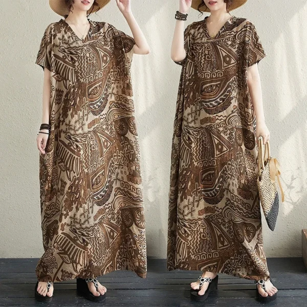Đầm Dài Suông Rộng Họa Tiết Ký Tự Cổ – Nâu Be