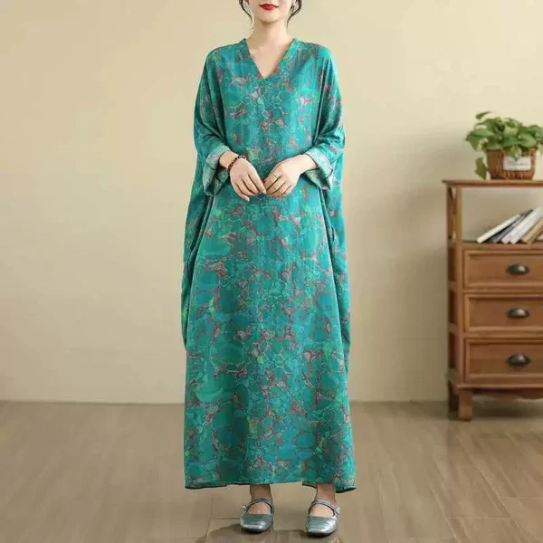 Đầm Dài Suông Rộng Họa Tiết Vân Đá Mã Não Xanh Ngọc