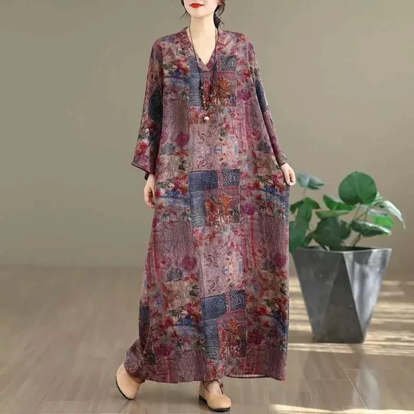 Đầm Dài Suông Rộng Tông Tím Đỏ Mận Họa Tiết Cổ Điển