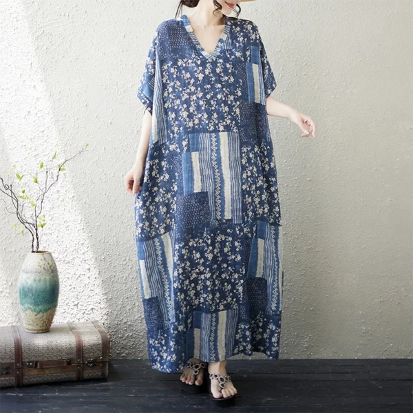 Đầm Kaftan Hoa Nhí Phối Sọc Xanh