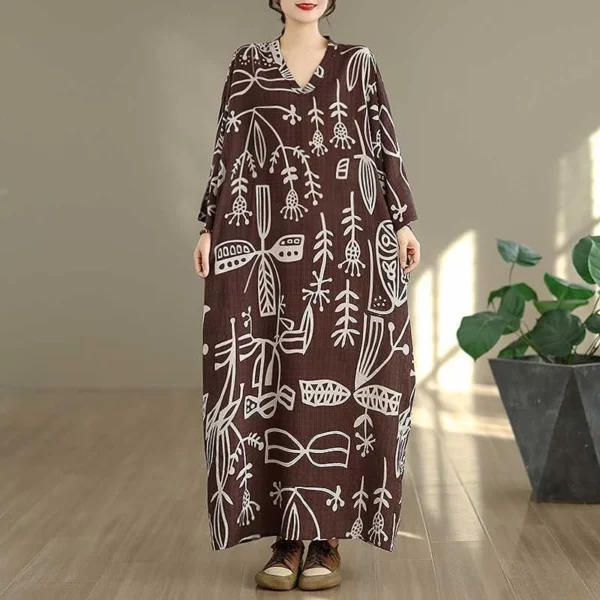 Đầm Oversize Cổ Chữ V Họa Tiết Ký Tự Cổ Nâu Cà Phê