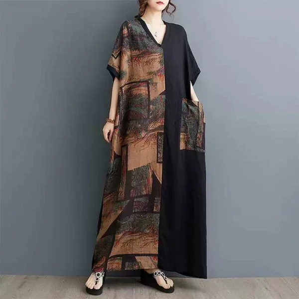 Đầm Oversize Phối Họa Tiết Thổ Cẩm Túi Đắp