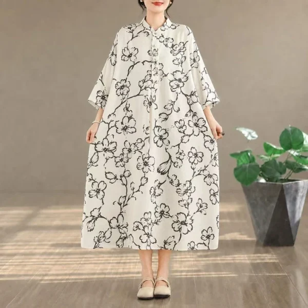 Đầm Suông Dài Cổ Tàu Họa Tiết Cành Hoa