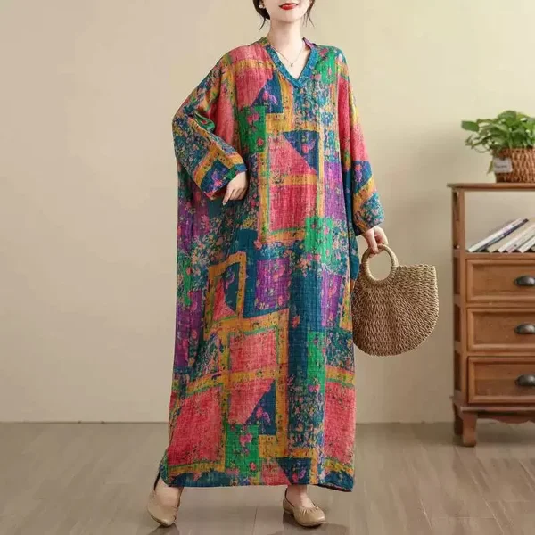 Đầm Suông Dài Cổ V Phối Màu Họa Tiết Đa Sắc