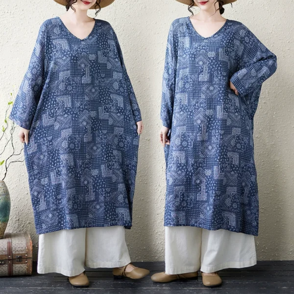 Đầm Suông Oversize Họa Tiết Cổ Điển Xanh Denim
