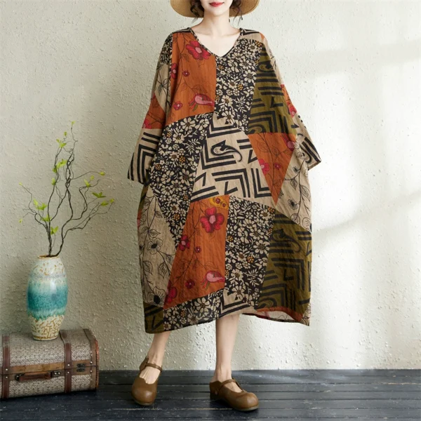 Đầm Suông Oversize Họa Tiết Patchwork Cam Đất Nâu